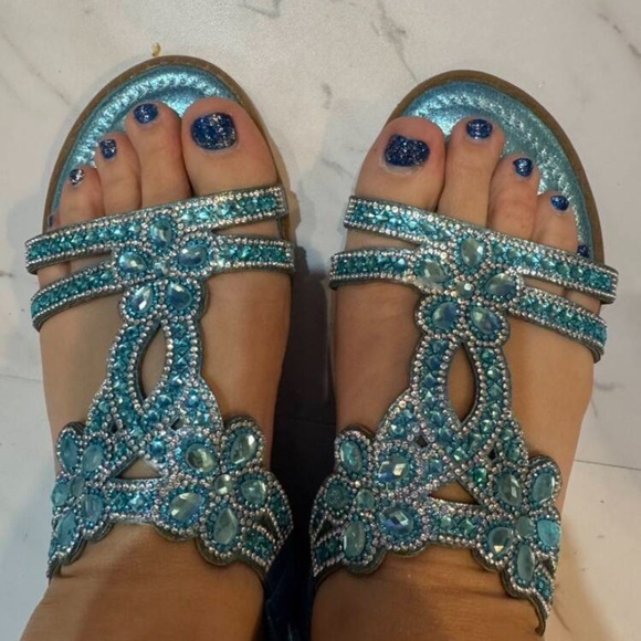 New Embellished Turquoise Rhinestones Sandals Studded Comfortable Shiny Sparkle - Picture 7 of 16
